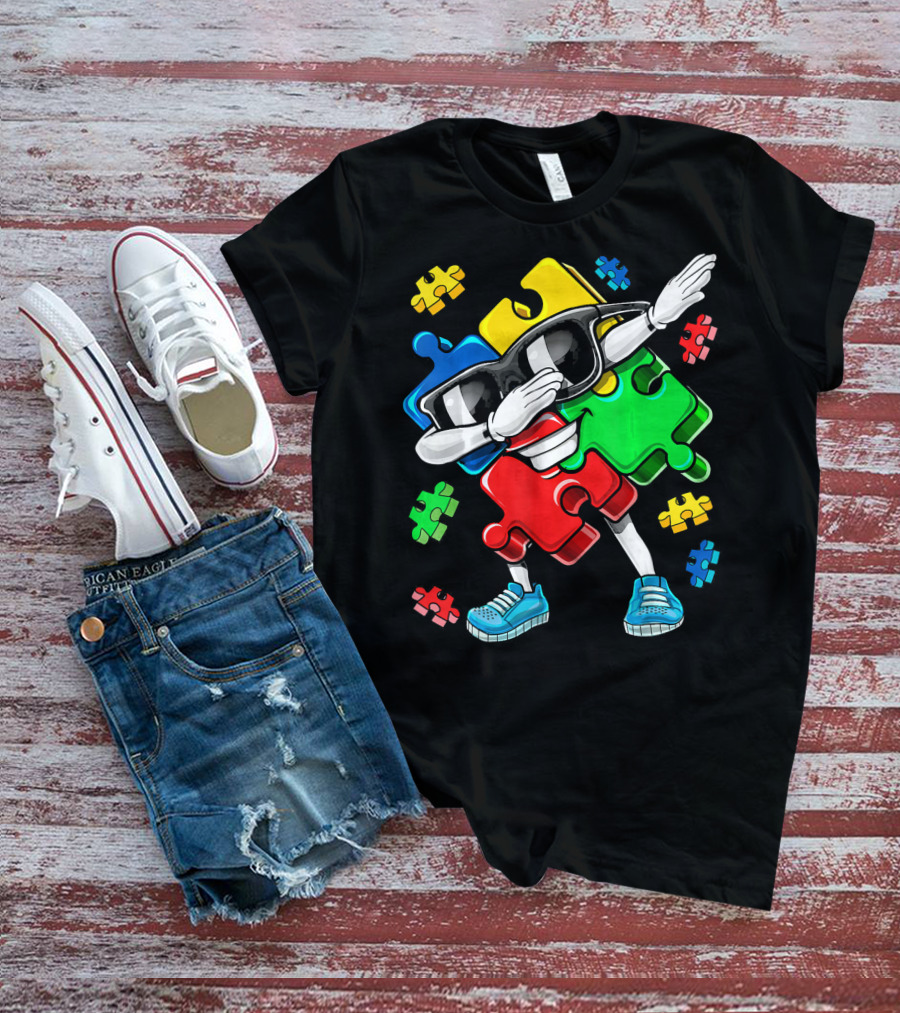 Autism Awareness Cool Dabbing Puzzle Piece Character T-Shirt