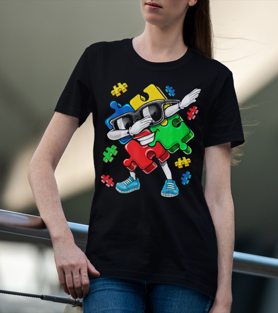Autism Awareness Cool Dabbing Puzzle Piece Character T-Shirt