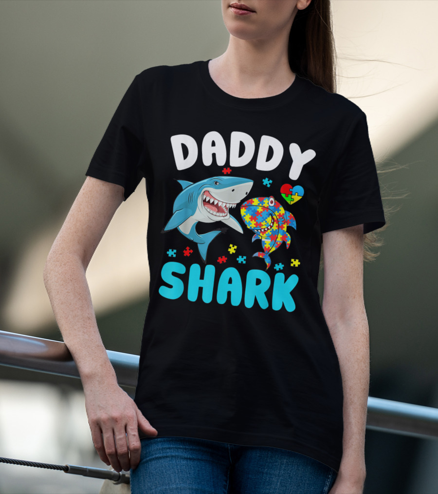Daddy Shark Autism Awareness Puzzle Heart T-Shirt