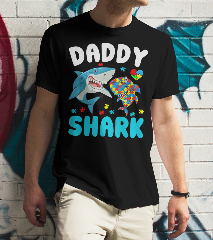 Daddy Shark Autism Awareness Puzzle Heart T-Shirt