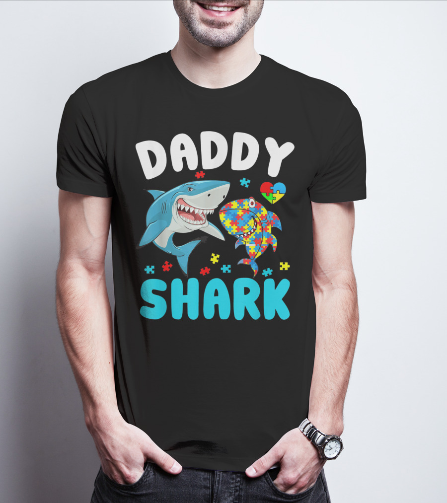 Daddy Shark Autism Awareness Puzzle Heart T-Shirt