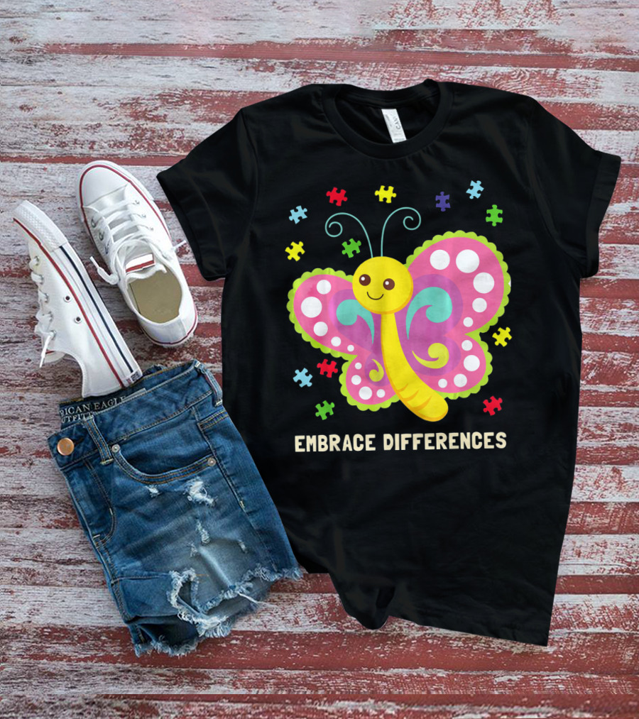 Embrace Differences Autism Awareness Boy Girl Butterfly Puzzle Pieces T-Shirt