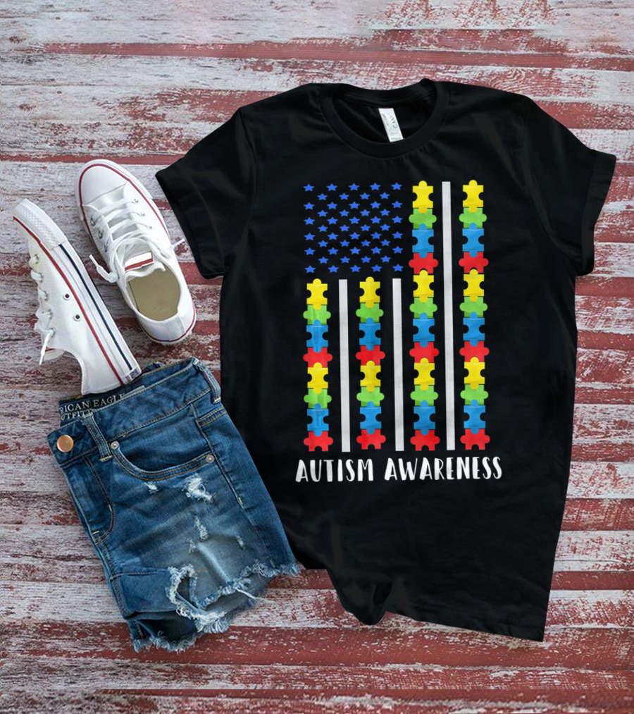 Autism Awareness Puzzle Piece USA Flag T-Shirt
