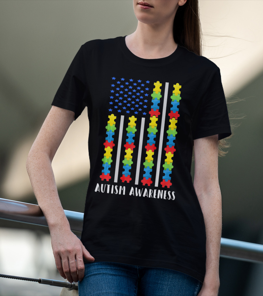 Autism Awareness Puzzle Piece USA Flag T-Shirt