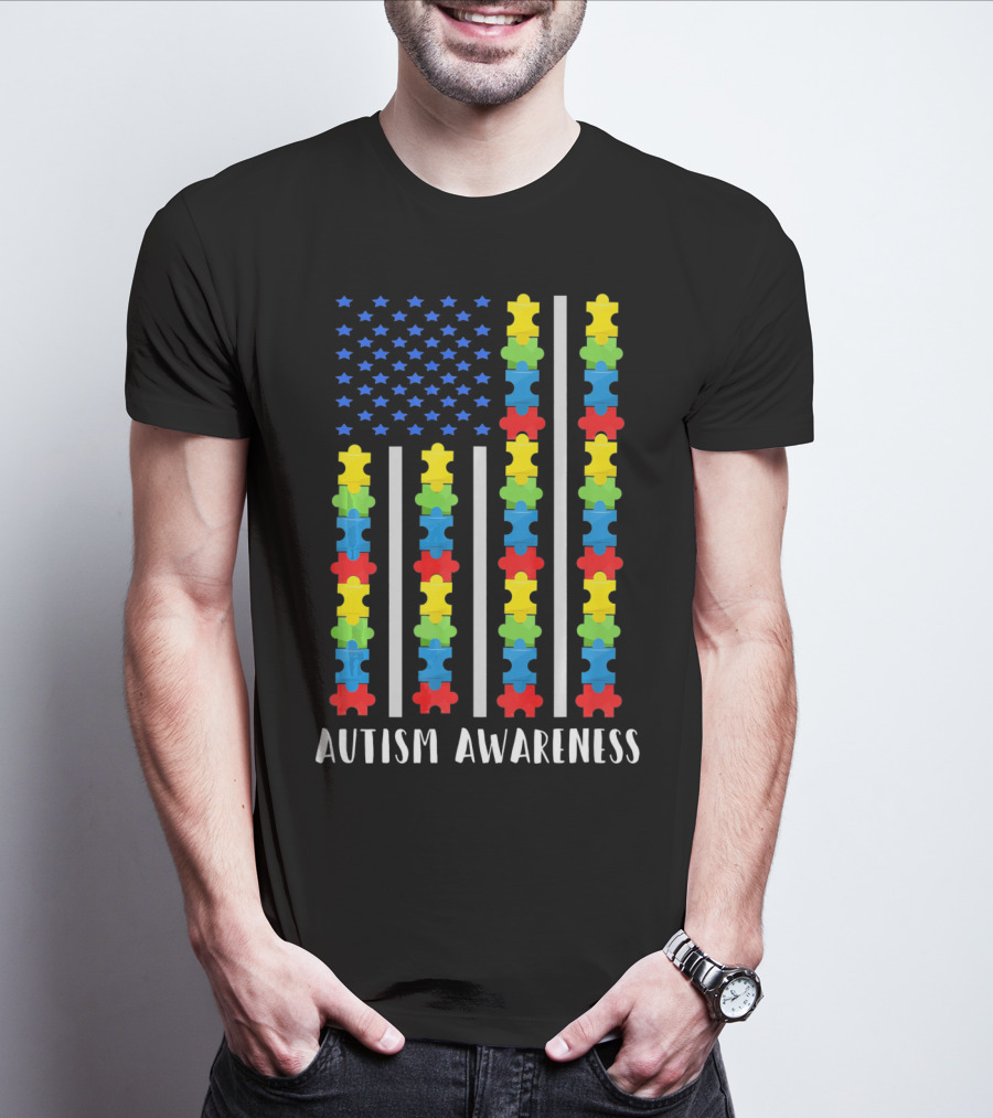 Autism Awareness Puzzle Piece USA Flag T-Shirt