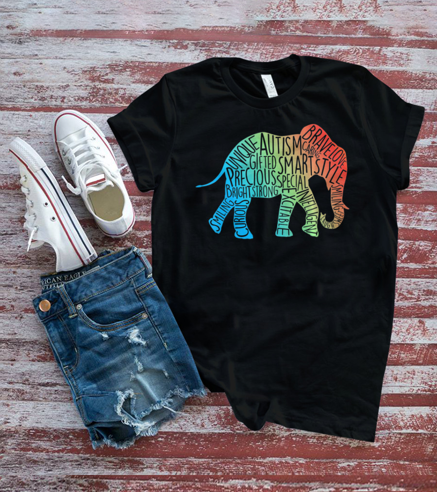 Autism Awareness Elephant Collage Brave Unique Precious Bright Smart Strong T-Shirt