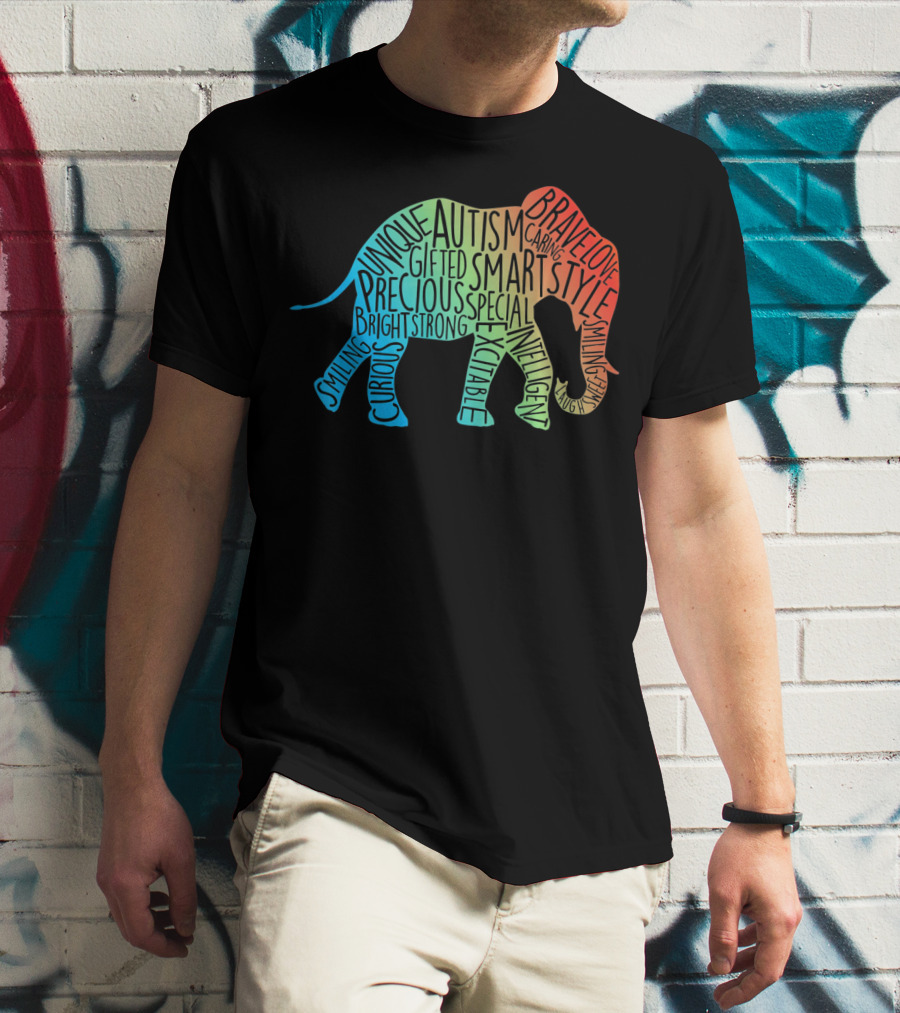 Autism Awareness Elephant Collage Brave Unique Precious Bright Smart Strong T-Shirt