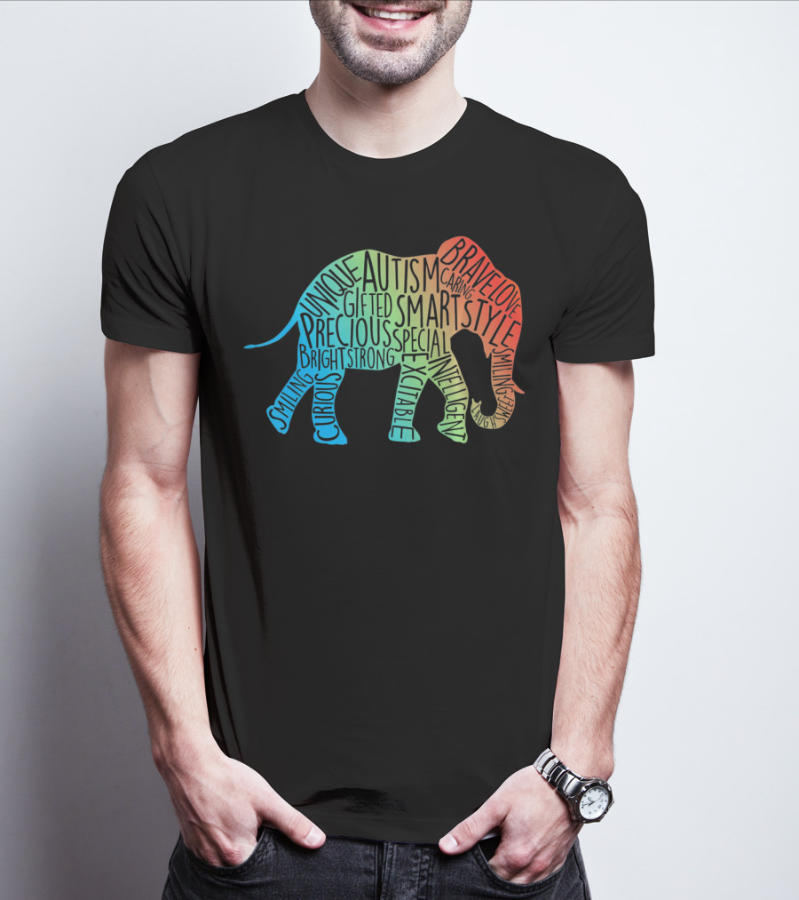 Autism Awareness Elephant Collage Brave Unique Precious Bright Smart Strong T-Shirt
