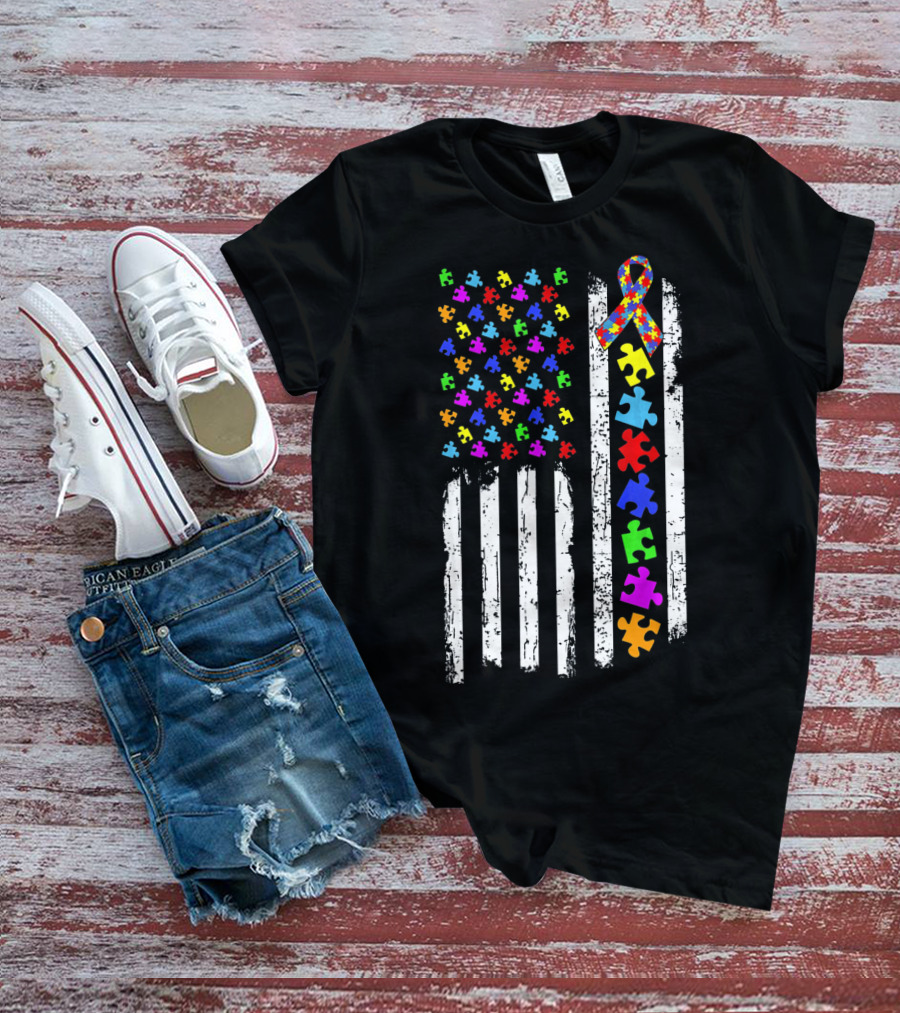 Autism Awareness Puzzle Pieces American Flag T-Shirt