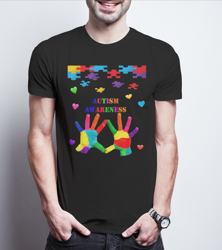 Autism Awareness Colorful Hands With Puzzle Pieces And Hearts T-Shirt