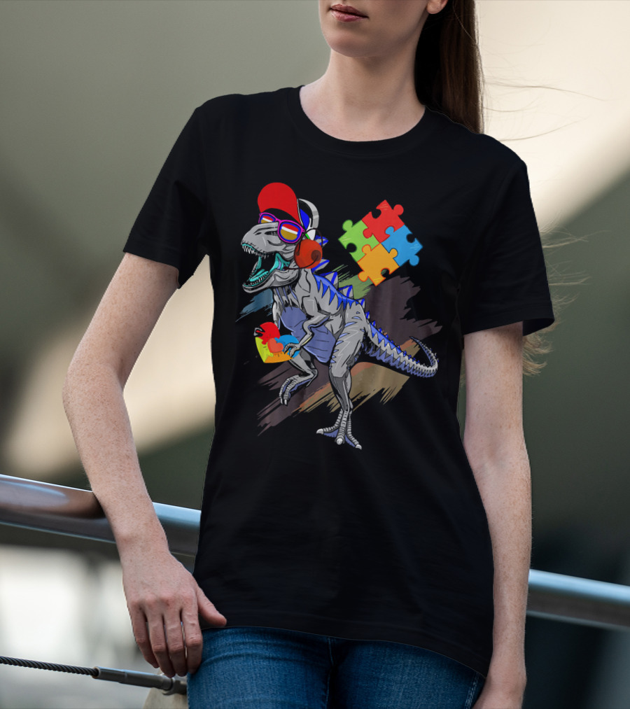 Dinosaur Puzzle Piece Glasses Funny Autism Awareness T-Shirt