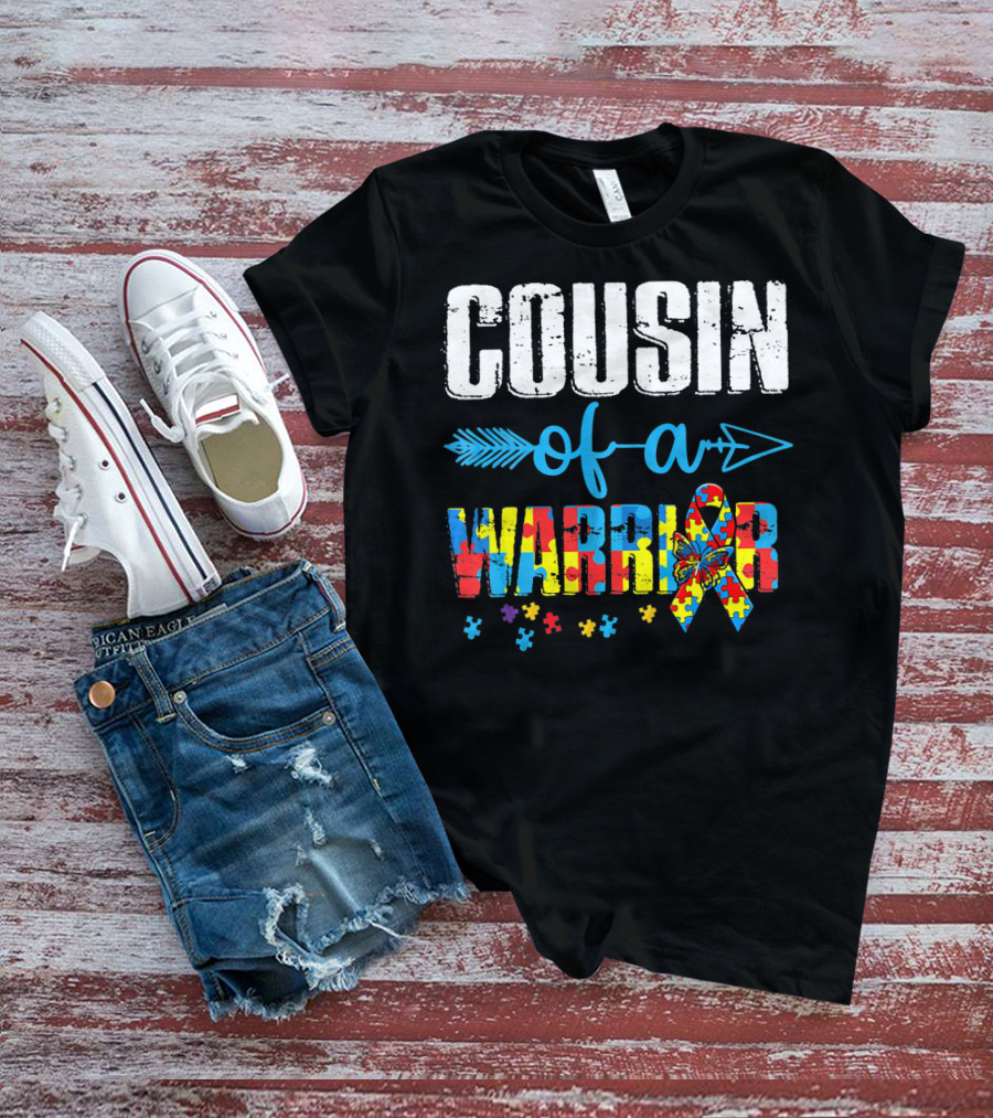 Cousin Of A Warrior Autism Awareness Puzzle Ribbon Butterfly T-Shirt