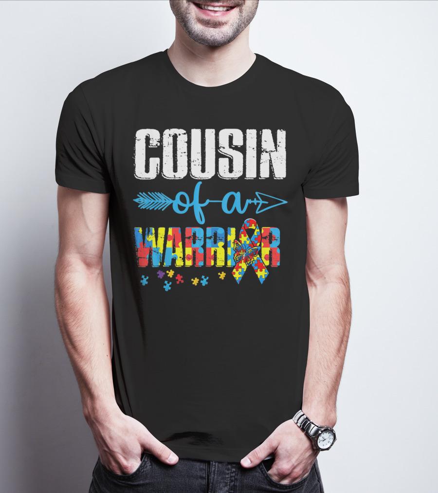 Cousin Of A Warrior Autism Awareness Puzzle Ribbon Butterfly T-Shirt