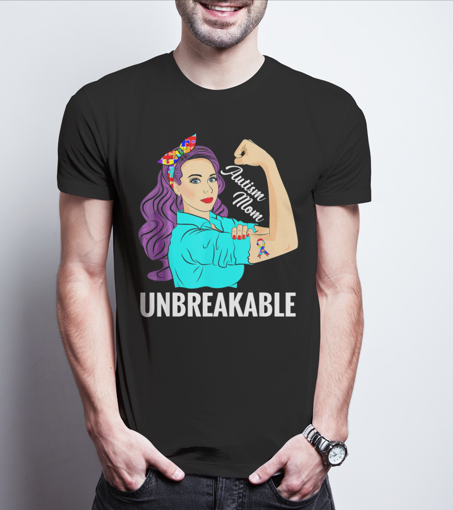 Autism Mom Unbreakable Awareness Rosie The Riveter With Puzzle T-Shirt