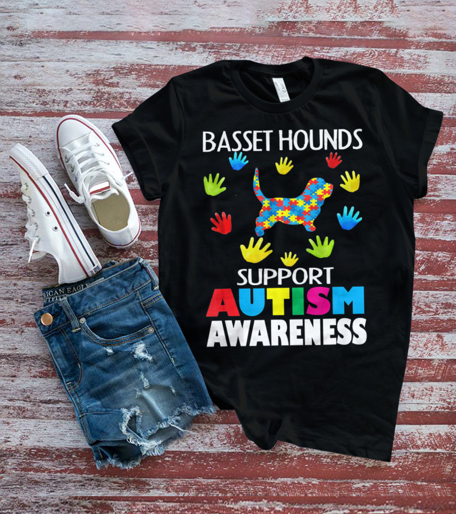 Basset Hounds Support Autism Awareness Puzzle Pattern Hands T-Shirt