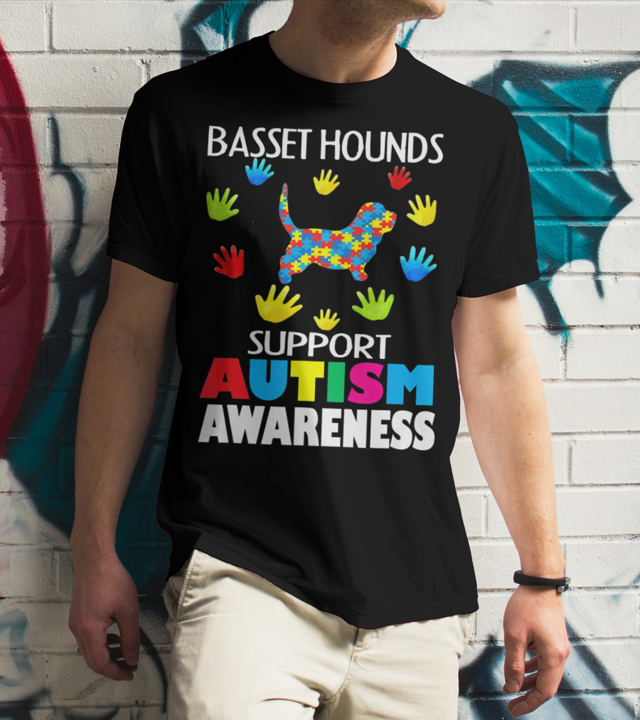Basset Hounds Support Autism Awareness Puzzle Pattern Hands T-Shirt