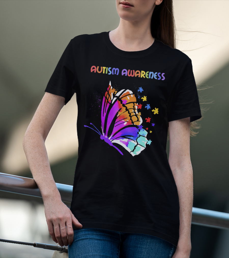 Autism Awareness Colorful Butterfly With Puzzle Pieces T-Shirt