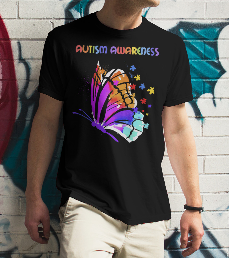 Autism Awareness Colorful Butterfly With Puzzle Pieces T-Shirt