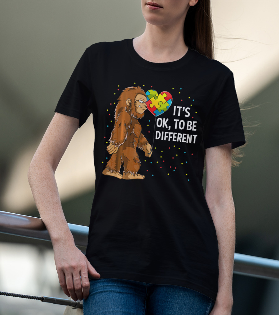 Autism Awareness Bigfoot Heart Puzzle It's OK To Be Different T-Shirt