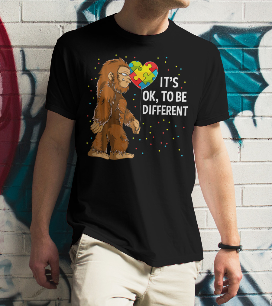 Autism Awareness Bigfoot Heart Puzzle It's OK To Be Different T-Shirt