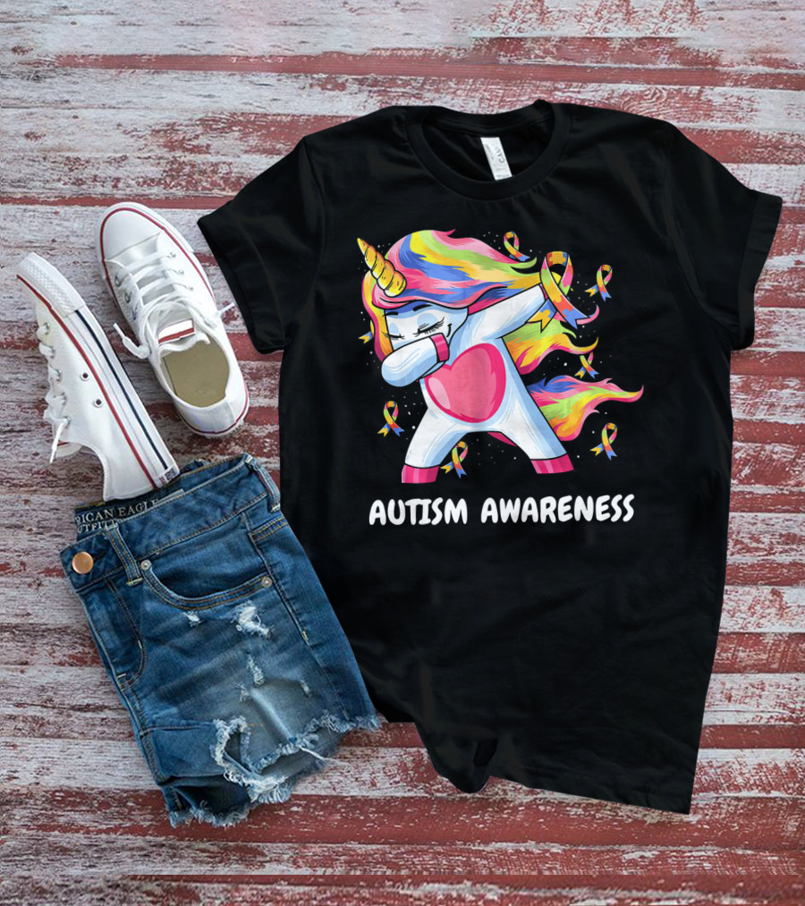 Autism Awareness Dabbing Rainbow Unicorn With Puzzle T-Shirt