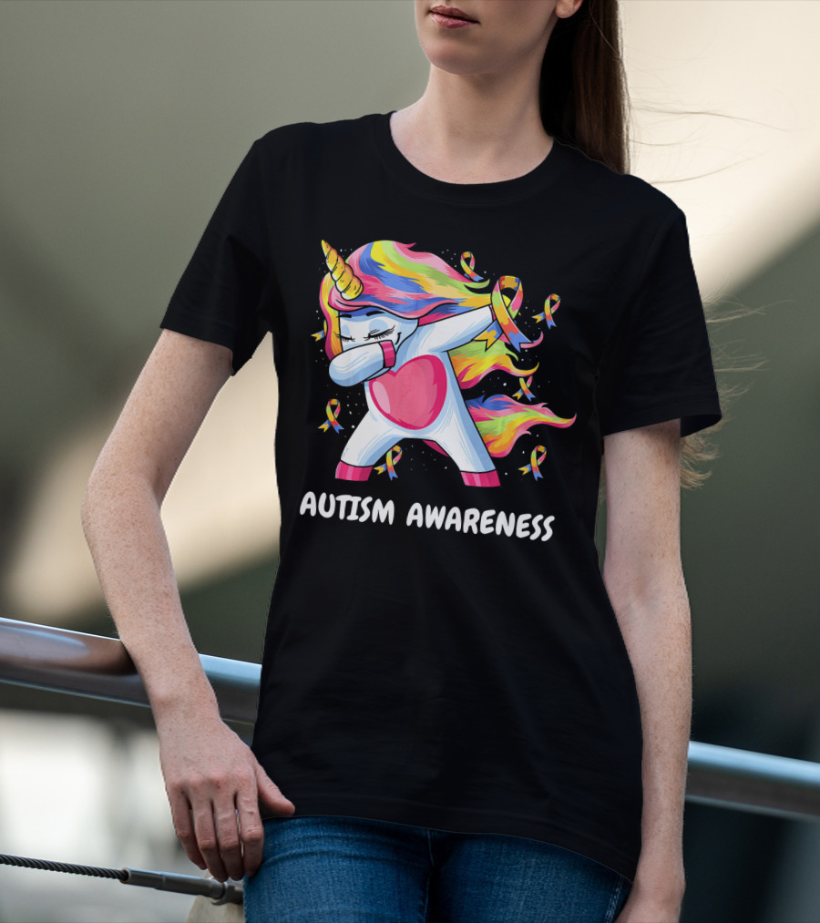 Autism Awareness Dabbing Rainbow Unicorn With Puzzle T-Shirt