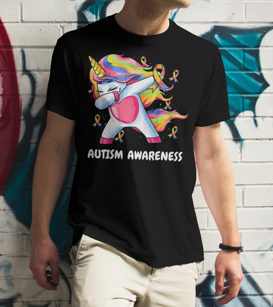 Autism Awareness Dabbing Rainbow Unicorn With Puzzle T-Shirt