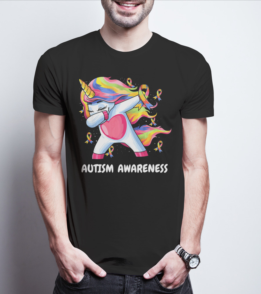 Autism Awareness Dabbing Rainbow Unicorn With Puzzle T-Shirt