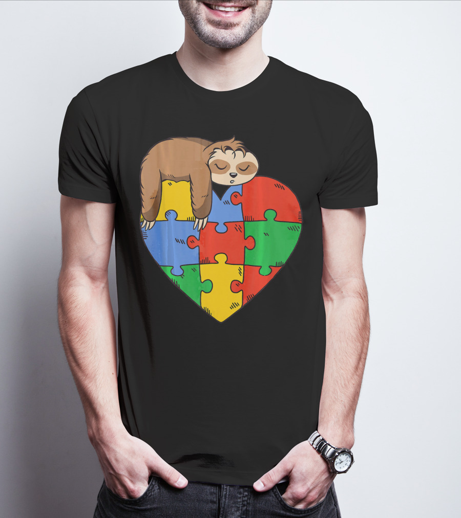 Cute Sloth Heart Puzzle Autism Parents Autistic Child T-Shirt