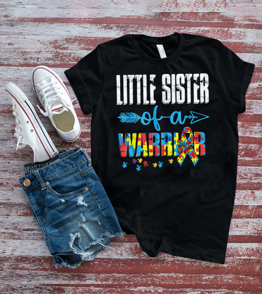 Little Sister Of A Warrior Autism Awareness Ribbon Puzzle Pieces T-Shirt