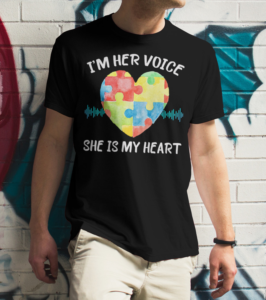 I'M HER VOICE SHE IS MY HEART Autism Puzzle Heart T-Shirt