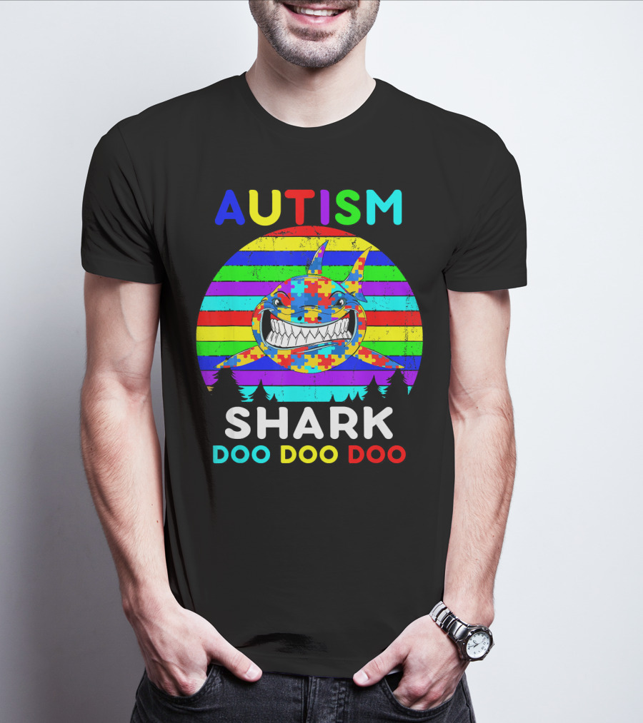 Autism Shark Doo Doo Doo Puzzle Piece Rainbow Awareness T-Shirt
