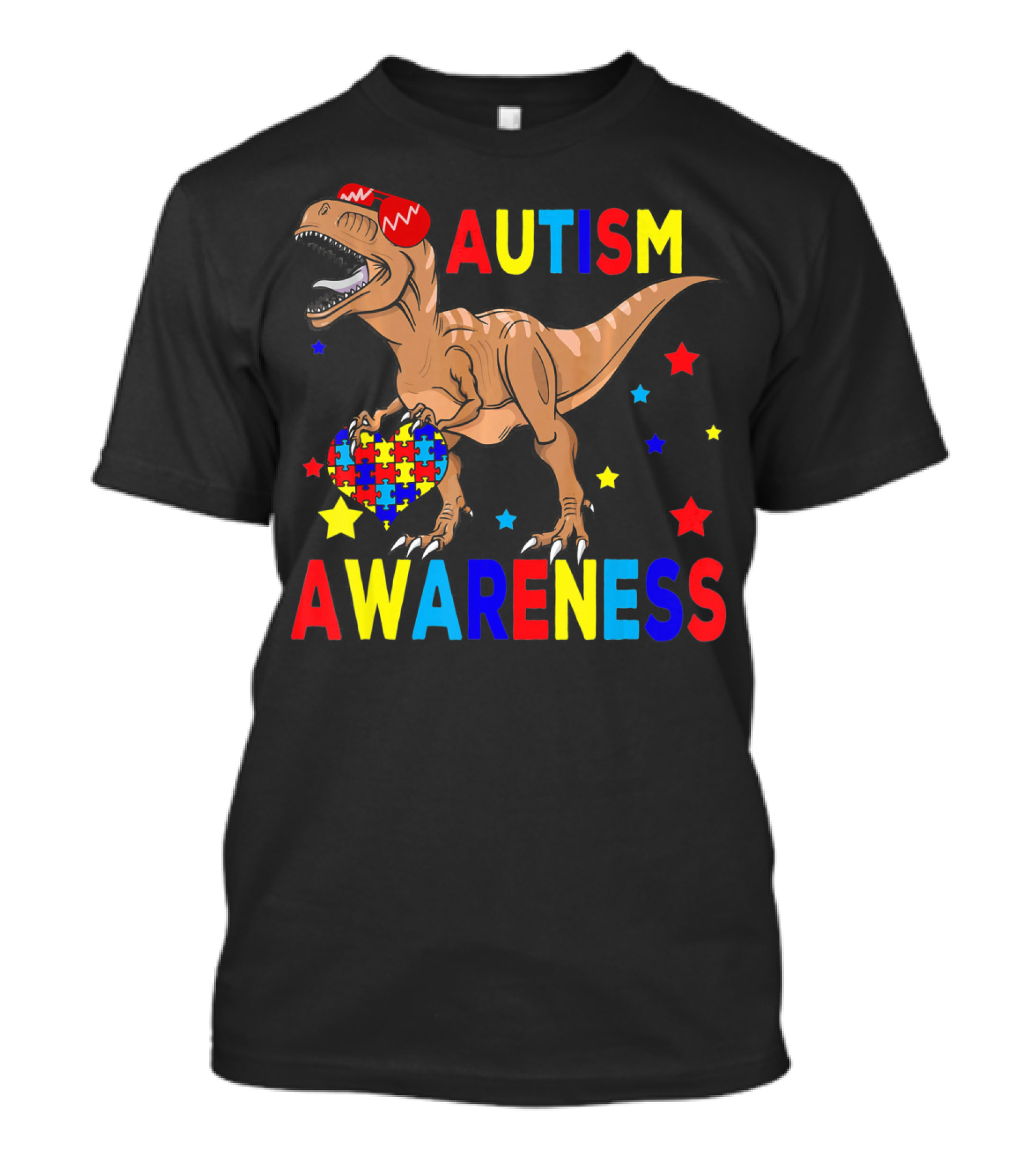 Cool Rex Dino Autism Awareness Puzzle Heart And Stars T-Shirt