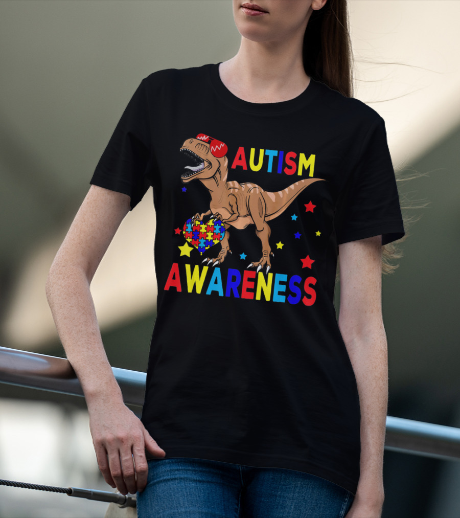 Cool Rex Dino Autism Awareness Puzzle Heart And Stars T-Shirt