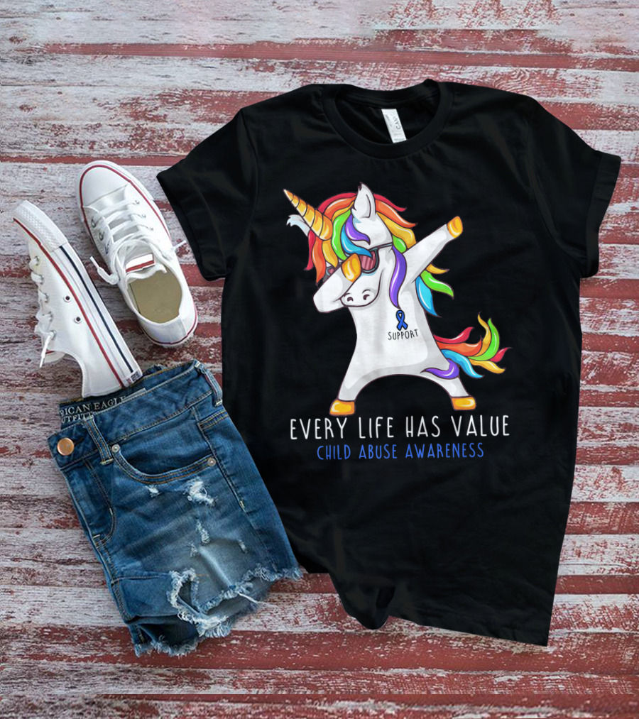 Every Life Has Value Child Abuse Awareness Support Unicorn Dabbing T-Shirt