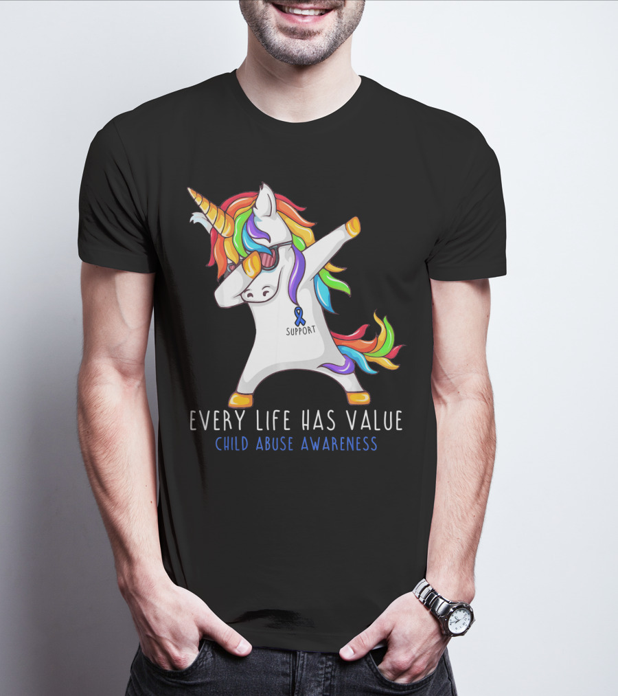 Every Life Has Value Child Abuse Awareness Support Unicorn Dabbing T-Shirt