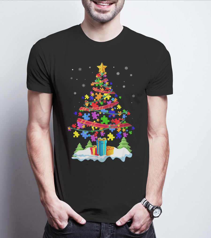 Autism Christmas Tree Puzzle Pieces And Gifts Festive T-Shirt