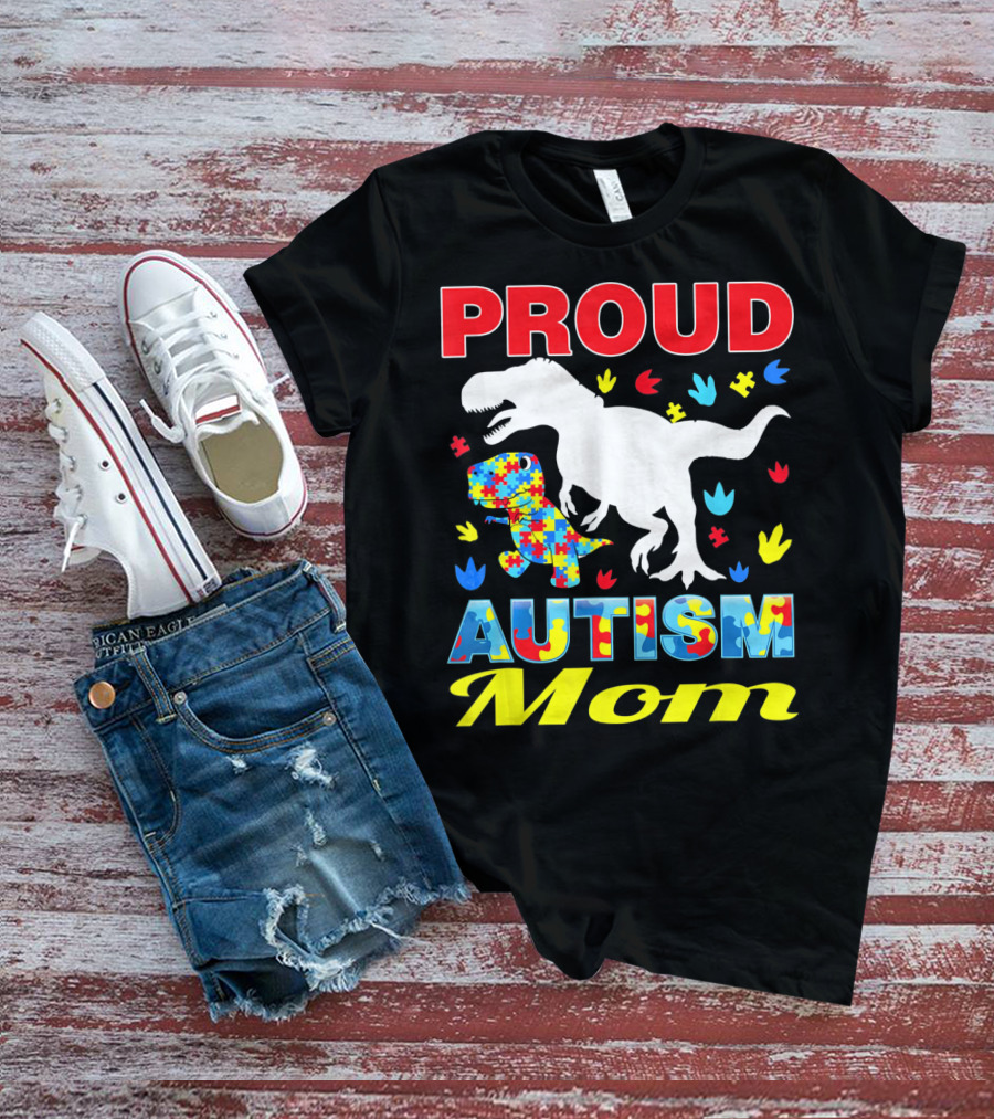 Proud Autism Mom Dinosaur Puzzle Piece T-Shirt