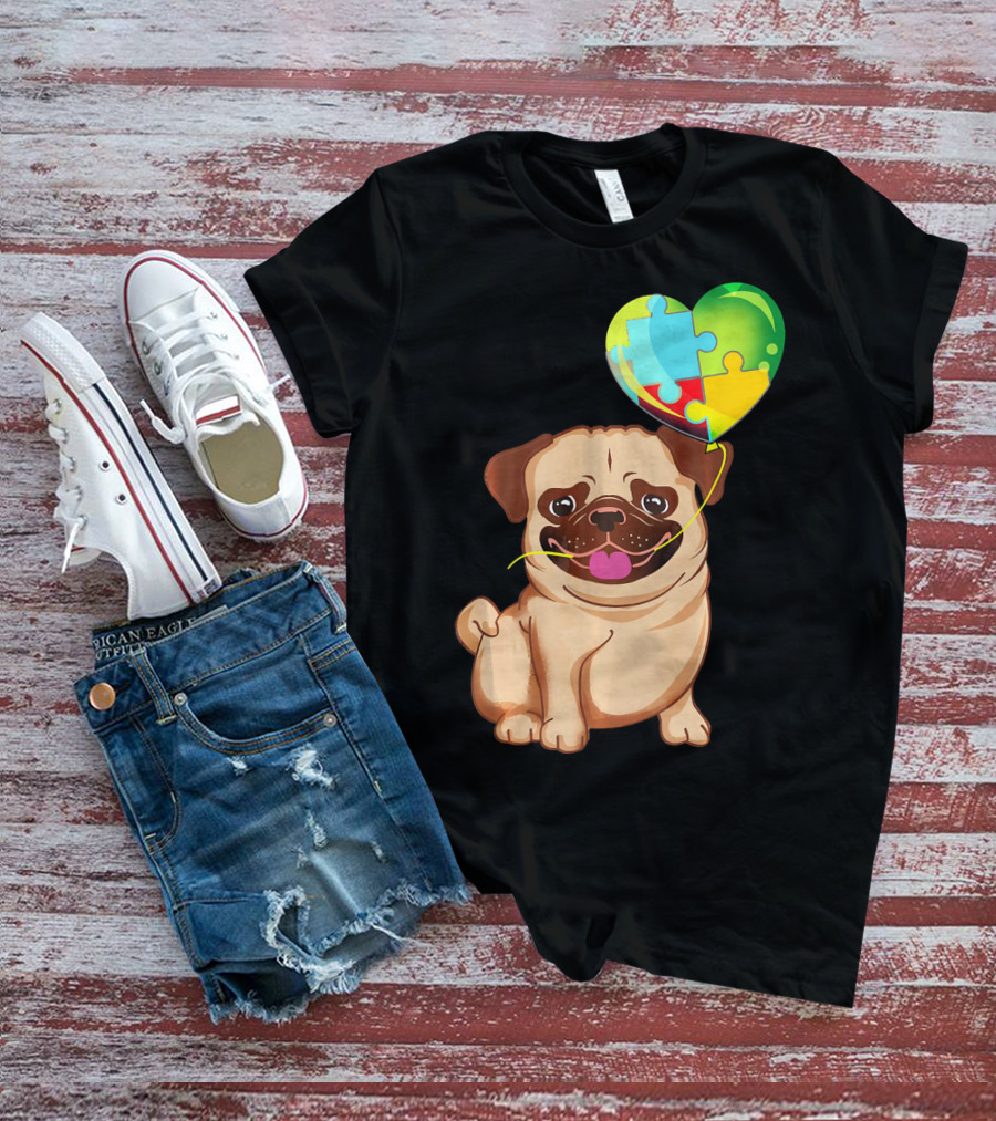 Autism Awareness Pug Puppy Heart Puzzle Balloon T-Shirt