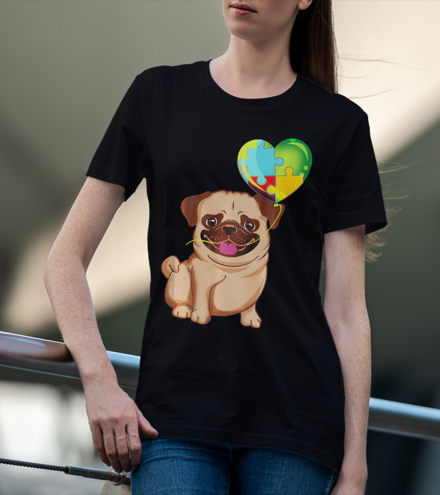 Autism Awareness Pug Puppy Heart Puzzle Balloon T-Shirt