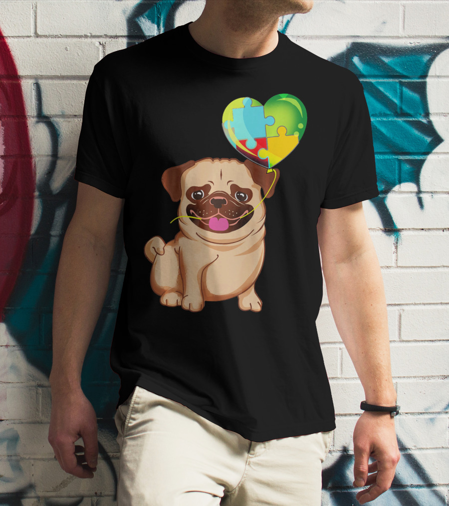 Autism Awareness Pug Puppy Heart Puzzle Balloon T-Shirt