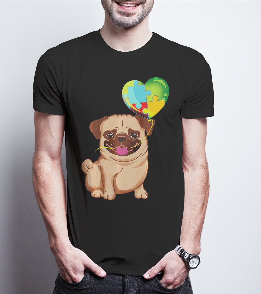 Autism Awareness Pug Puppy Heart Puzzle Balloon T-Shirt
