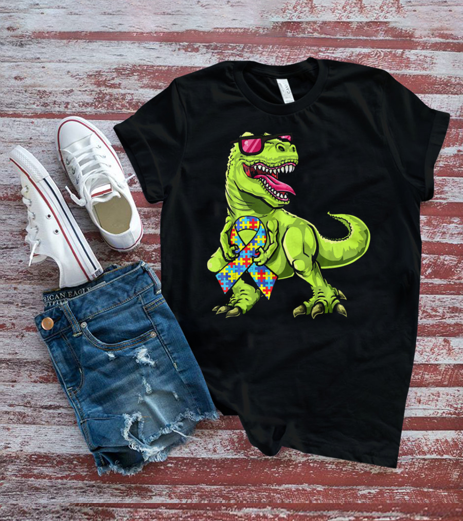 Dinosaur Rex With Autism Awareness Puzzle Ribbon And Sunglasses T-Shirt
