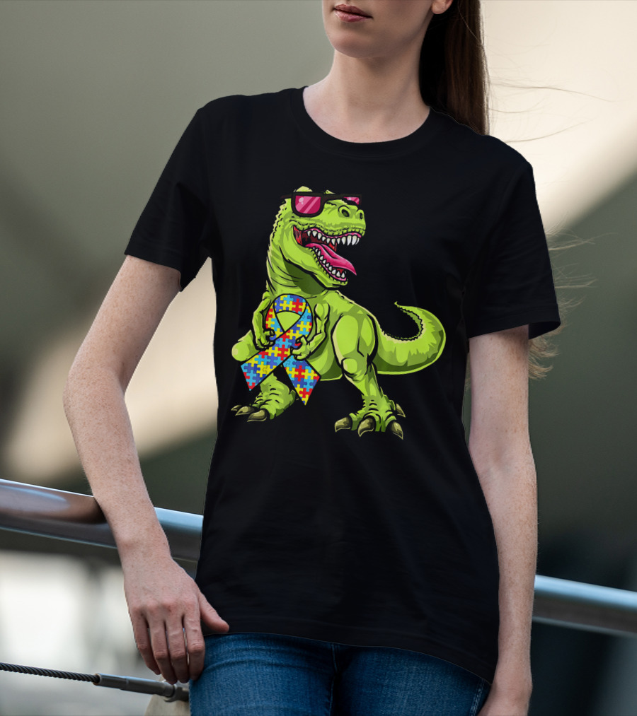 Dinosaur Rex With Autism Awareness Puzzle Ribbon And Sunglasses T-Shirt