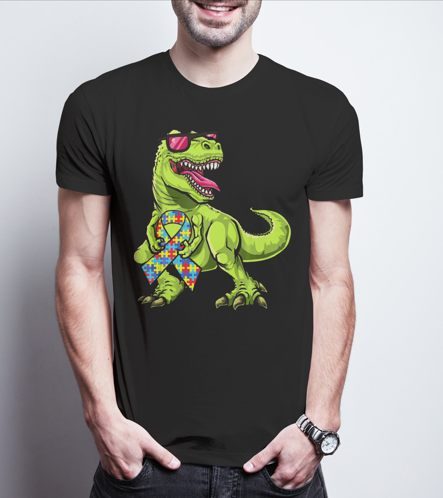 Dinosaur Rex With Autism Awareness Puzzle Ribbon And Sunglasses T-Shirt