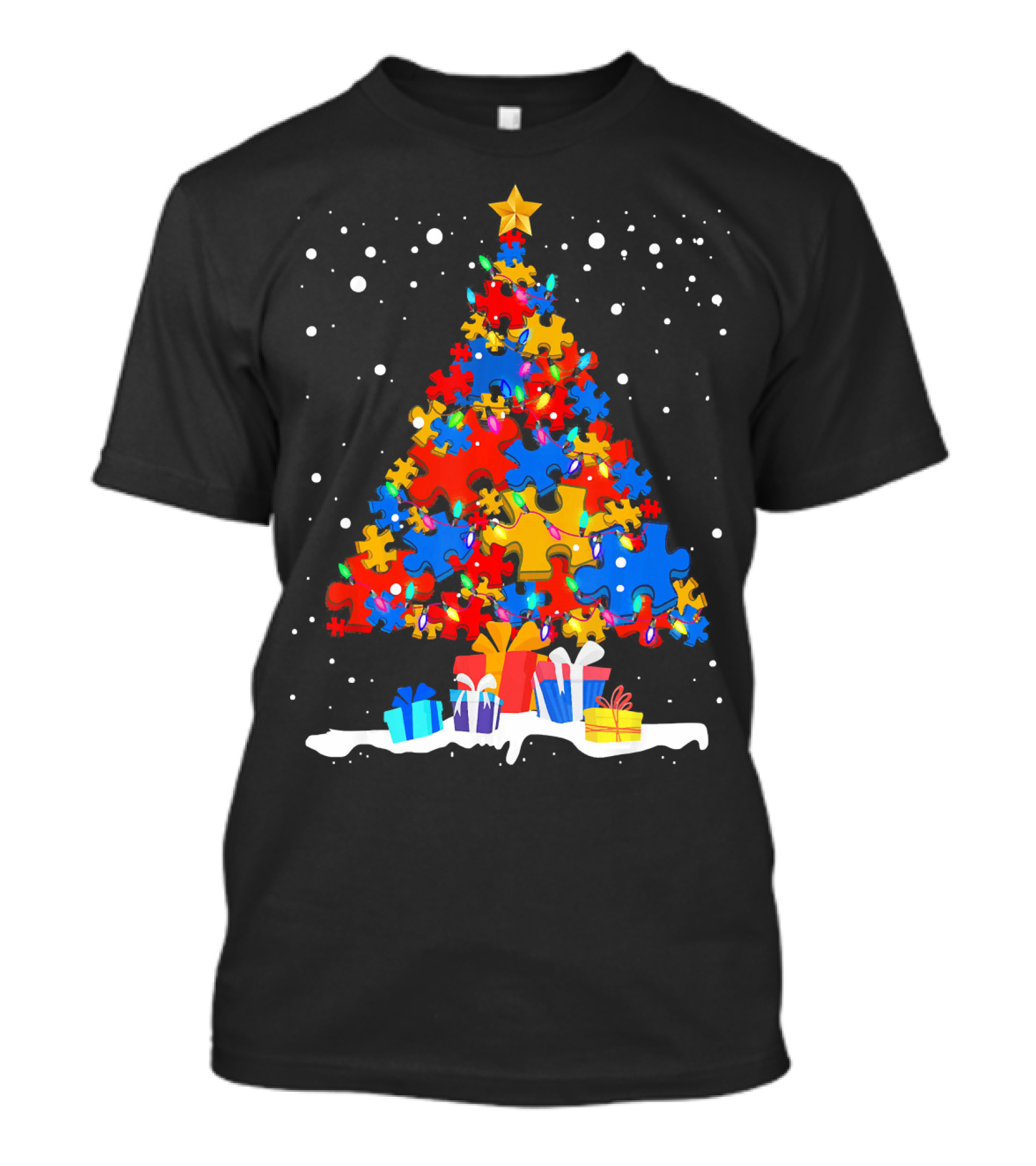 Autism Puzzle Pieces Christmas Tree With Presents Snowflakes T-Shirt