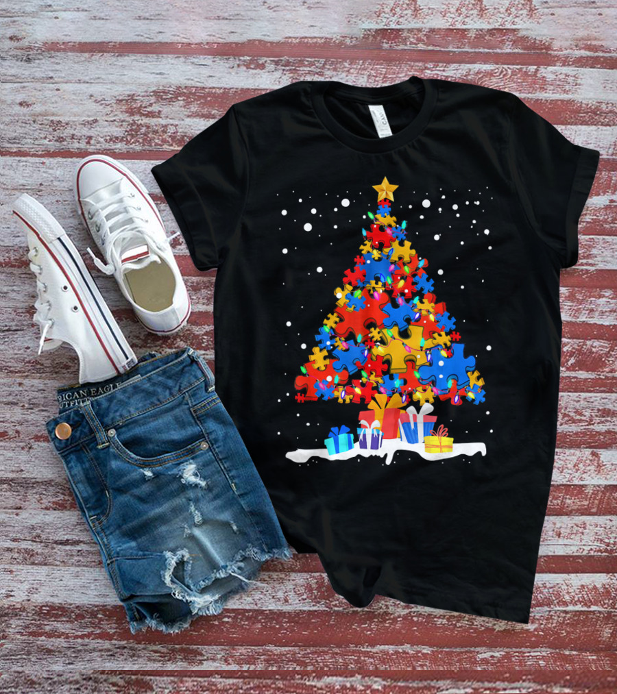 Autism Puzzle Pieces Christmas Tree With Presents Snowflakes T-Shirt