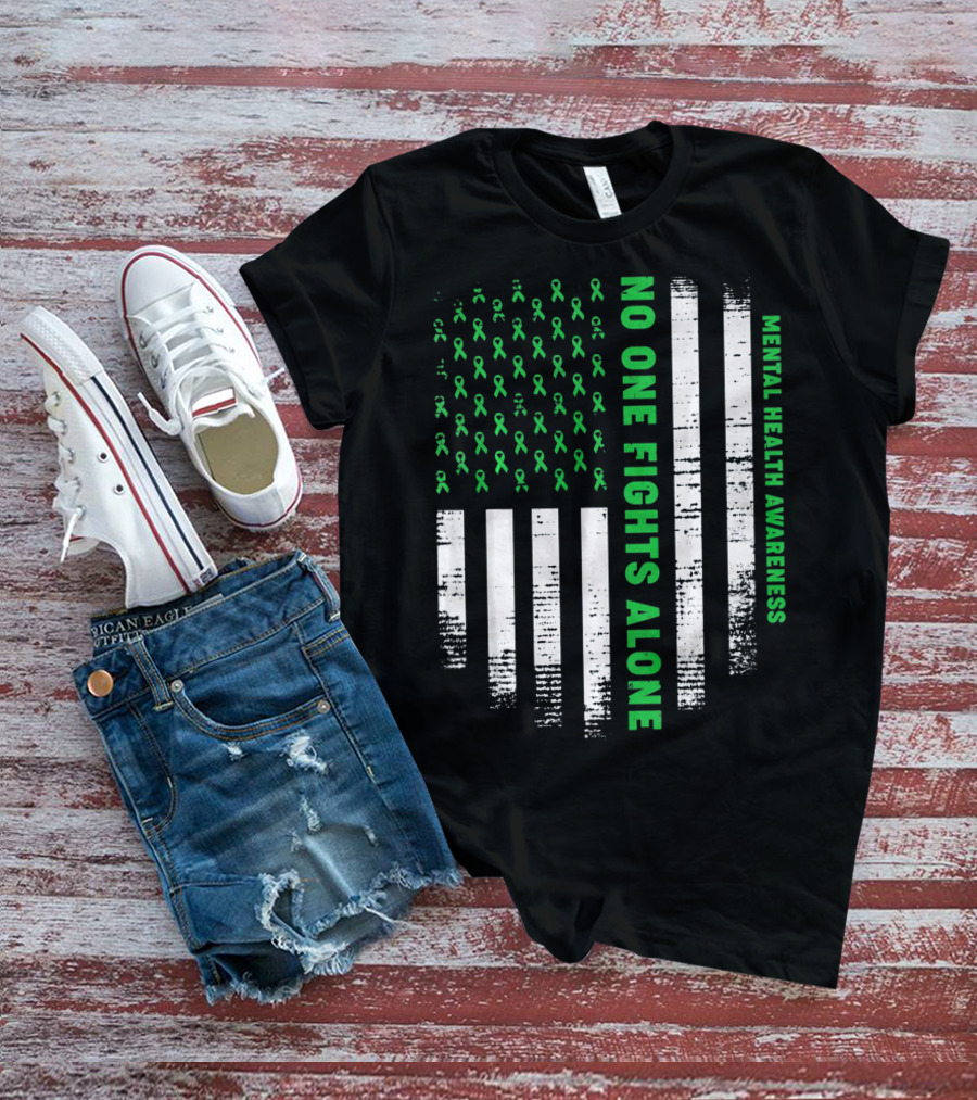 No One Fights Alone USA Flag Mental Health Awareness T-Shirt