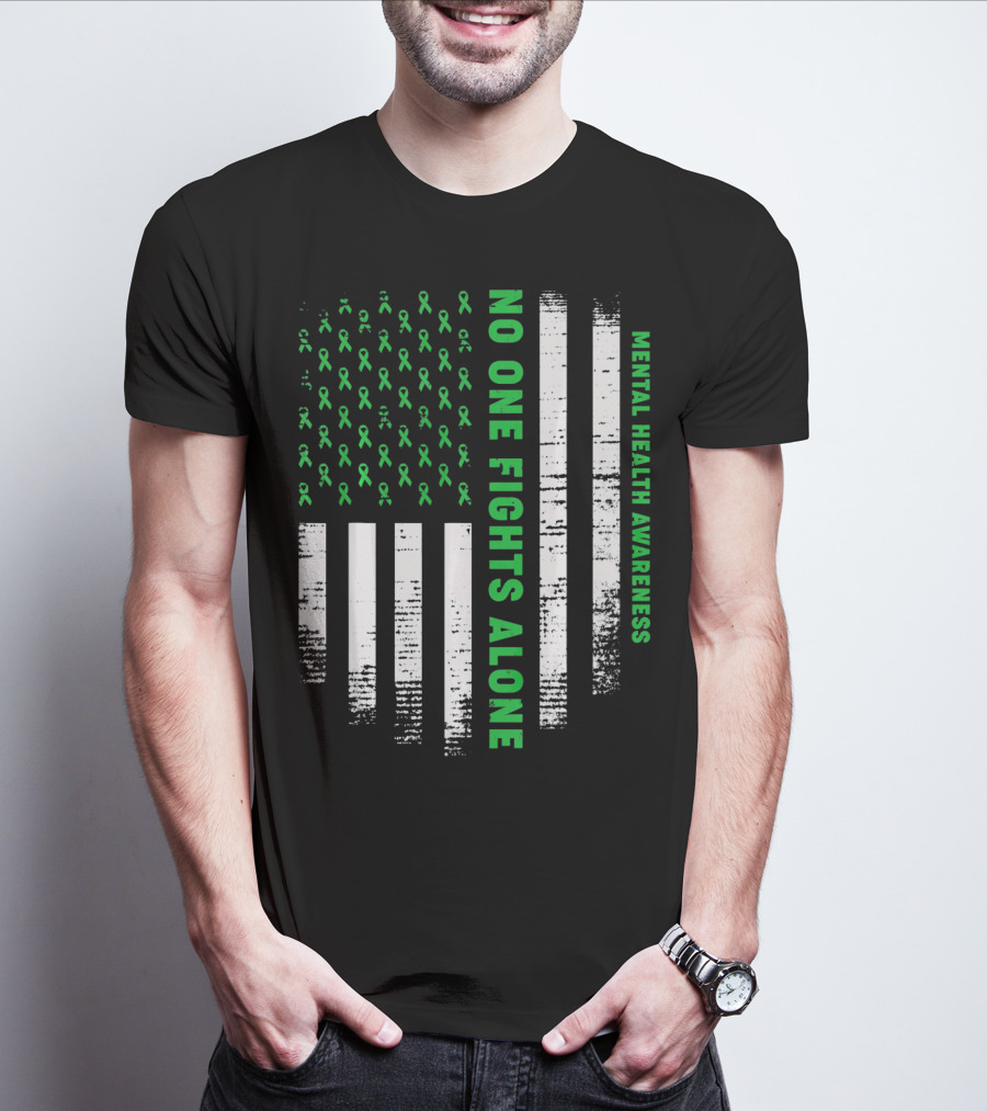 No One Fights Alone USA Flag Mental Health Awareness T-Shirt