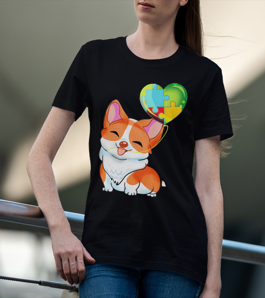 Autism Awareness Corgi Puppy With Heart Balloon Puzzle T-Shirt